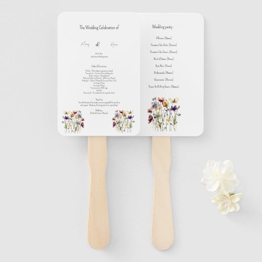 Wildflower Wedding Program, op maat Handwaaier (Voorkant en achterkant)