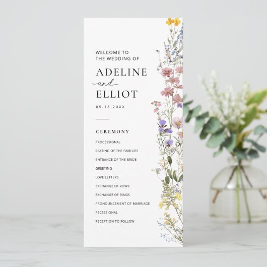 Wildflower Wedding Programma Bloemenbruiloft Programmakaart (Staand voorkant)