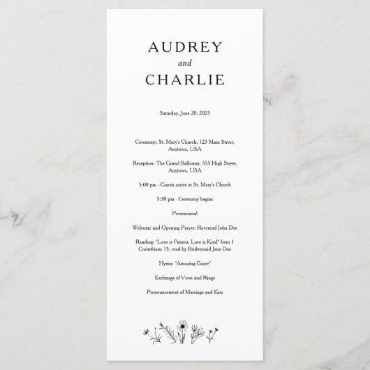 Wildflower Wedding Programme Programmakaart (Voorkant)