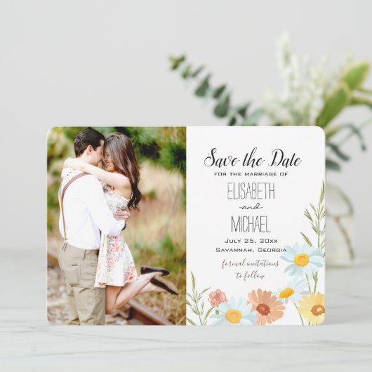 Wildflower Wedding Save the Date Kaarten with Phot (Staand voorkant)