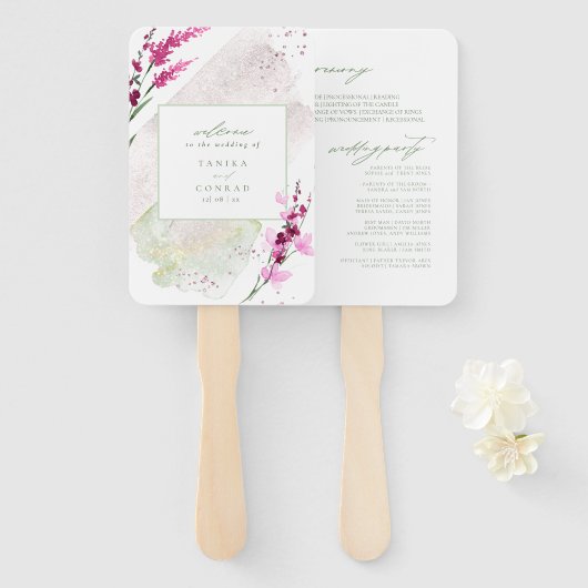 Wildflower Wedding Waterverf Ceremony Fusia ID954 Handwaaier (Voorkant en achterkant)