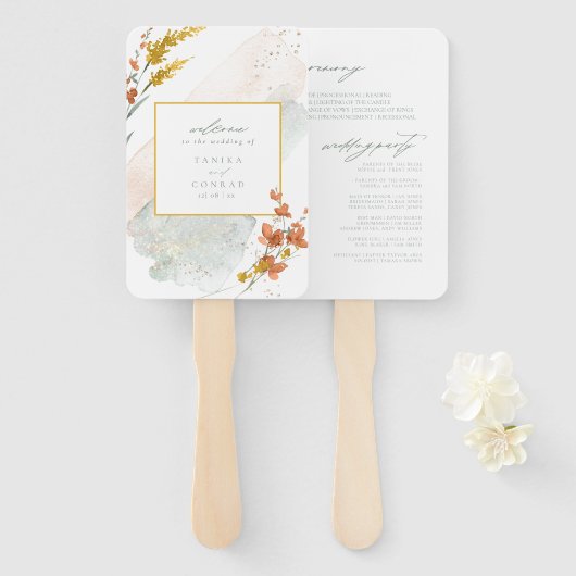 Wildflower Wedding Waterverf Ceremony Gold ID954 Handwaaier (Voorkant en achterkant)