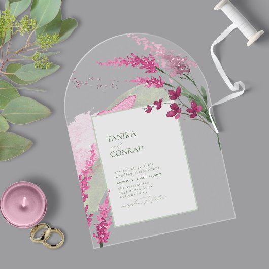 Wildflower Wedding Waterverf Fuchsia Boog ID954 Acryl Uitnodigingen