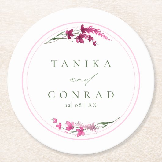 Wildflower Wedding Waterverf Names Fuchsia ID954 Ronde Kartonnen Onderzetter (Voorkant)