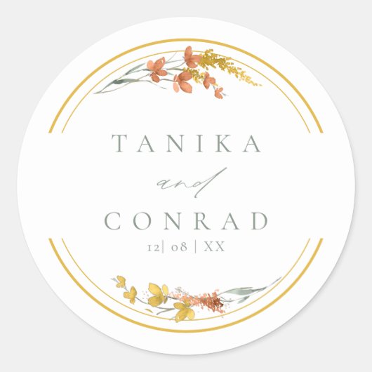 Wildflower Wedding Waterverf Names Gold ID954 Ronde Sticker (Voorkant)