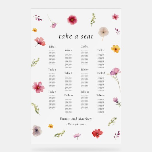 Wildflower Wedding Zitting Grafiek Acryl Teken Acryl Bord (Voorkant)