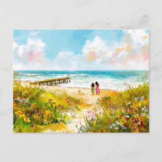 Wildflower weide in de buurt van het strand met ki feestdagenkaart (Voorkant)