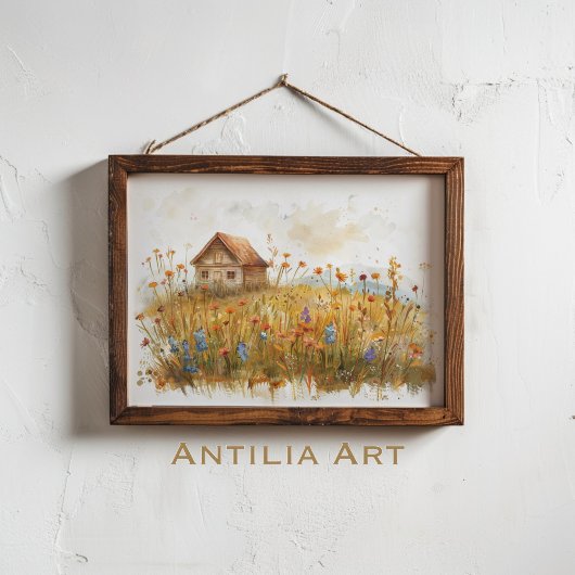 Wildflower weide schilderij rustieke huisje poster
