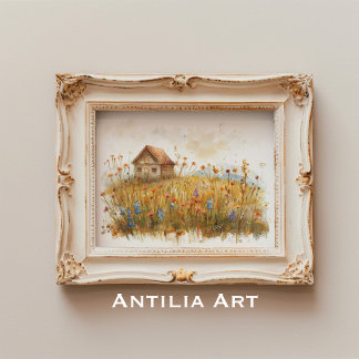 Wildflower weide schilderij rustieke huisje poster