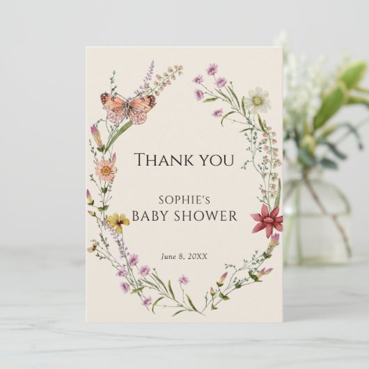 Wildflower wenst een Baby shower in bloei Bedankkaart (Staand voorkant)