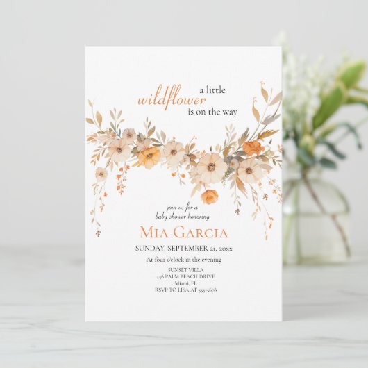 Wildflower Whimsica Beige Aardse Meisje Baby showe Kaart (Staand voorkant)