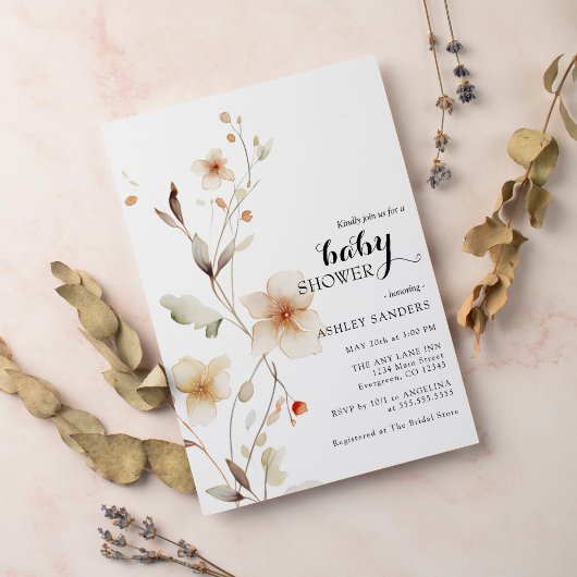 Wildflower White Boho Baby shower Invitation Kaart