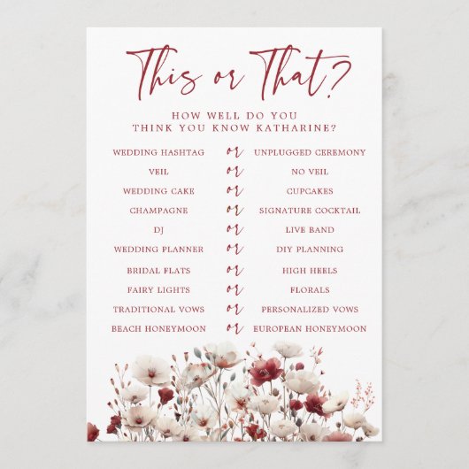 Wildflower Wie kent het Vrijgezellenfeest spel Kaart (Voorkant)