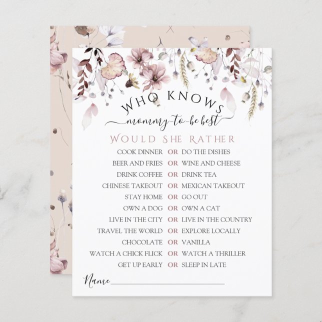 Wildflower Wie kent mam beste Baby shower Game (Voorkant / Achterkant)