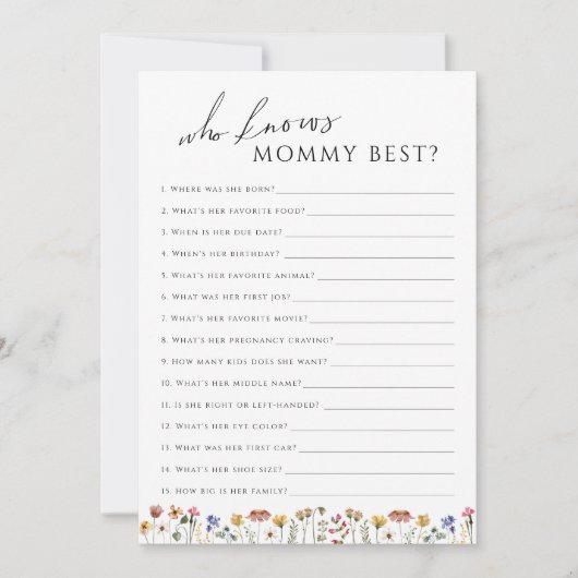 Wildflower Wie kent mama Baby shower spel Kaart (Voorkant)