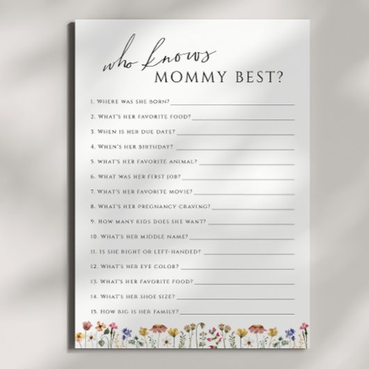 Wildflower Wie kent mama Baby shower spel Kaart