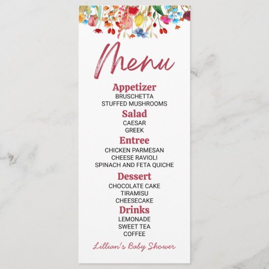 Wildflower Wild Flower Baby shower Voedsel Menu (Voorkant)