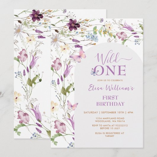 Wildflower Wild ONE Vlinder Verjaardag Uitnodiging (Voorkant / Achterkant)