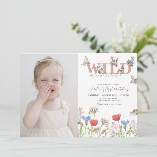 Wildflower Wild & Onederful 1st Verjaardag Foto Kaart (Staand voorkant)