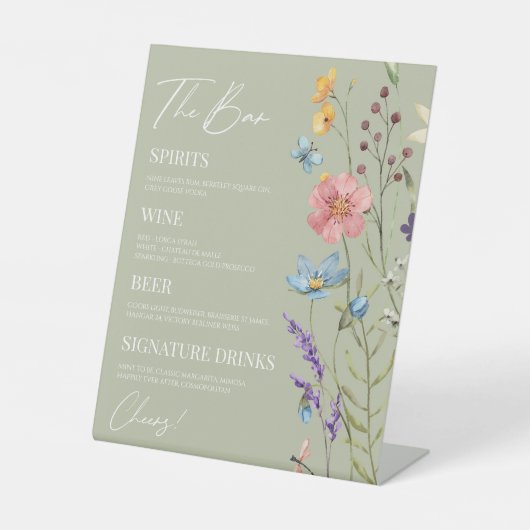 Wildflower Wilde Bloem Bloemen Bruiloft Bar Reclamebord Met Voetstuk (Voorkant)