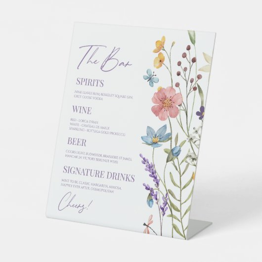 Wildflower Wilde Bloem Bloemen Bruiloft Bar Reclamebord Met Voetstuk (Voorkant)