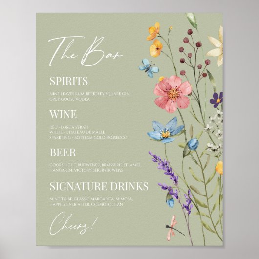Wildflower Wilde Bloem Bloemen Bruiloft Bar Teken Poster (Voorkant)
