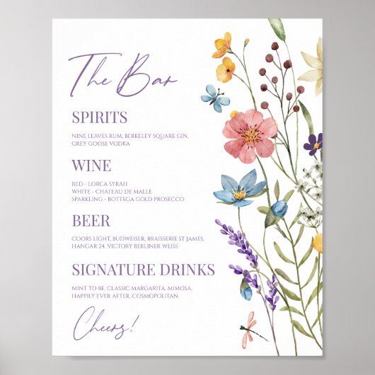 Wildflower Wilde Bloem Bloemen Bruiloft Bar Teken Poster (Voorkant)
