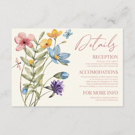 Wildflower Wilde Bloem Bloemen Bruiloft Details Informatiekaartje (Voorkant)