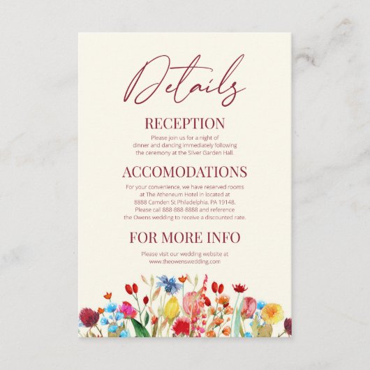 Wildflower Wilde Bloem Bloemen Bruiloft Details Informatiekaartje (Voorkant)