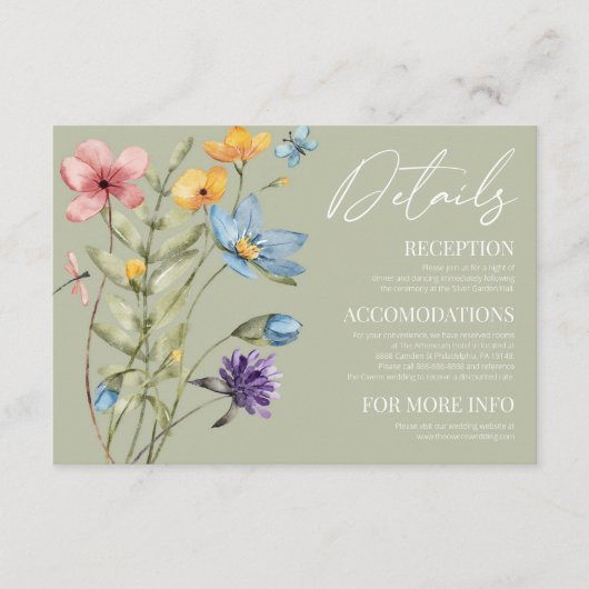 Wildflower Wilde Bloem Bloemen Bruiloft Details Informatiekaartje (Voorkant)