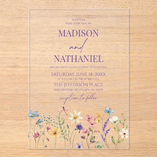 Wildflower Wilde Bloem Bloemen Tuin Bruiloft Acryl Uitnodigingen (Voorkant)