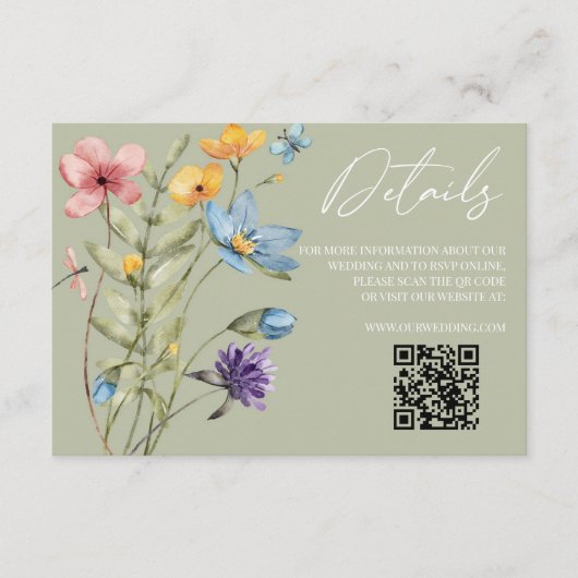 Wildflower Wilde Bloem QR Code Bruiloft Details Informatiekaartje (Voorkant)