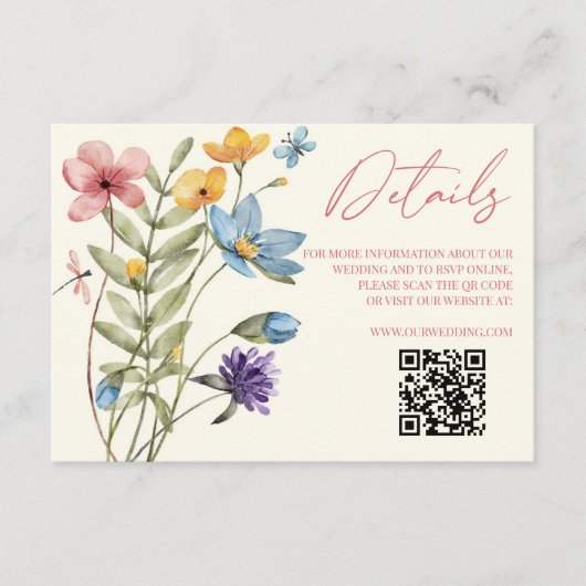 Wildflower Wilde Bloem QR Code Bruiloft Details Informatiekaartje (Voorkant)