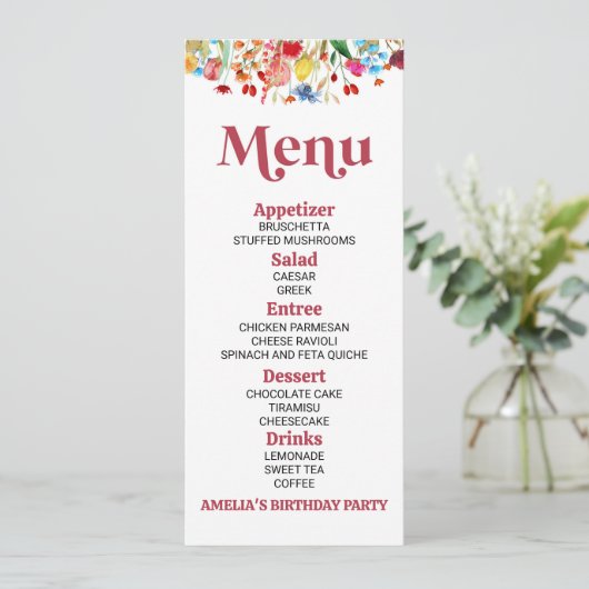 Wildflower Wilde Bloem Verjaardagsfeest Voedsel Menu (Staand voorkant)