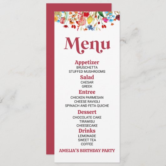 Wildflower Wilde Bloem Verjaardagsfeest Voedsel Menu (Voorkant / Achterkant)