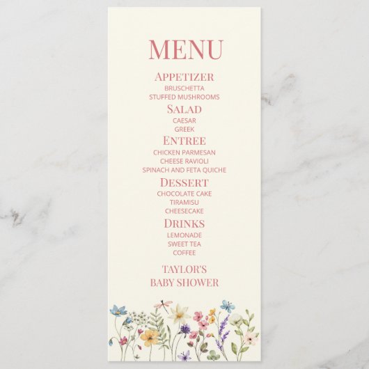 Wildflower wilde bloemen bloementuin Baby shower Menu (Voorkant)