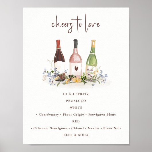 Wildflower Wine Bottles Drinks Sign Bridal Shower Poster (Voorkant)