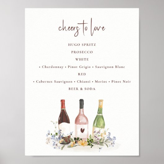Wildflower Wine Bottles Drinks Sign Bridal Shower Poster (Voorkant)