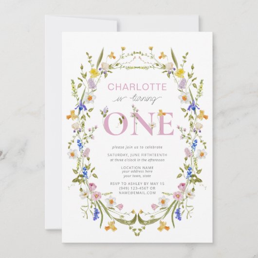 Wildflower wordt een zomermeisje 1e verjaardag kaart (Voorkant)