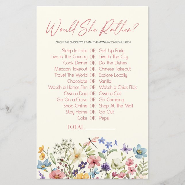 Wildflower Would She Rather Baby Shower Game (Voorkant)