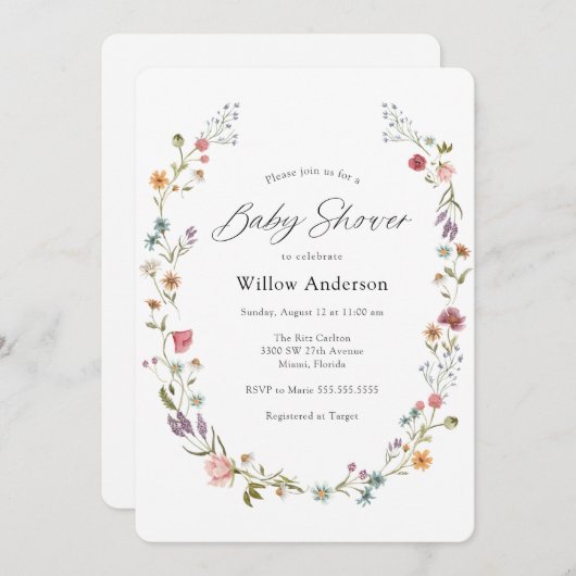 Wildflower Wreath Baby shower Invitation Kaart (Voorkant / Achterkant)