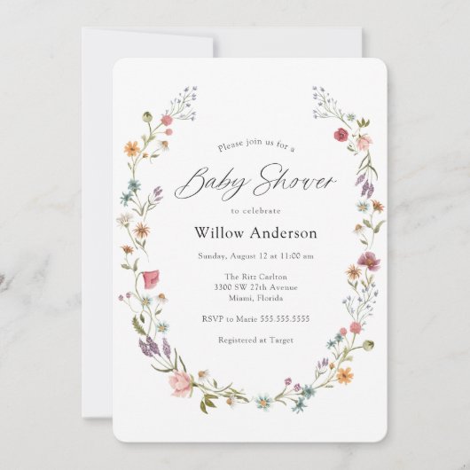 Wildflower Wreath Baby shower Invitation Kaart (Voorkant)