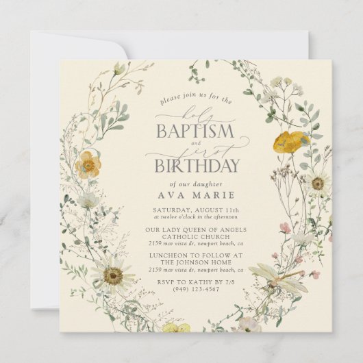 Wildflower Zomer Doop 1e Verjaardag Kaart (Voorkant)