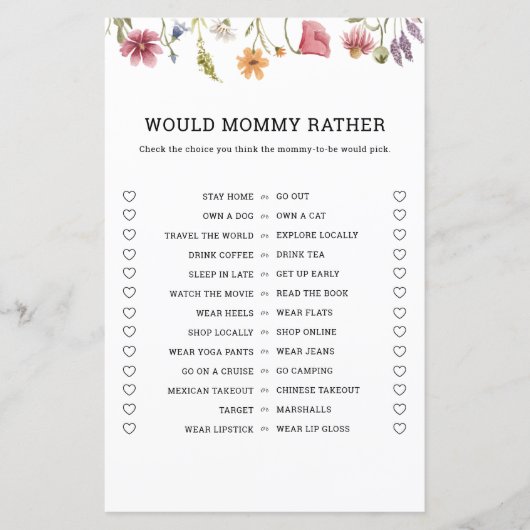 Wildflower Zouden mama liever baby shower spel (Voorkant)