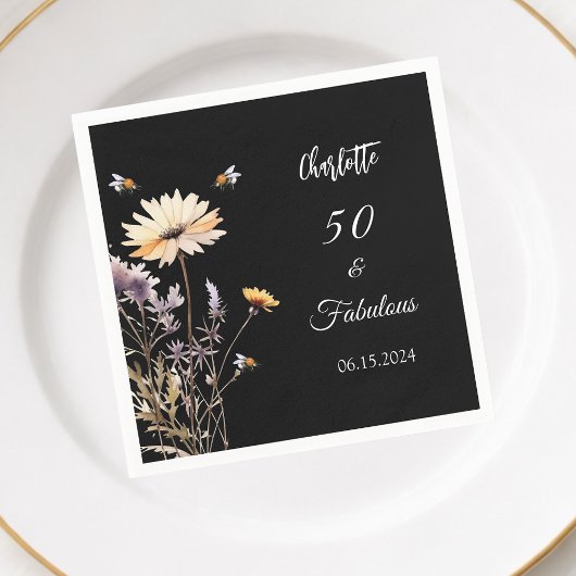 Wildflower zwart 50 fantastische verjaardag servet