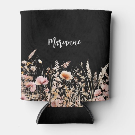 Wildflower zwart aangepaste naam script blikjeskoeler (Voorkant)