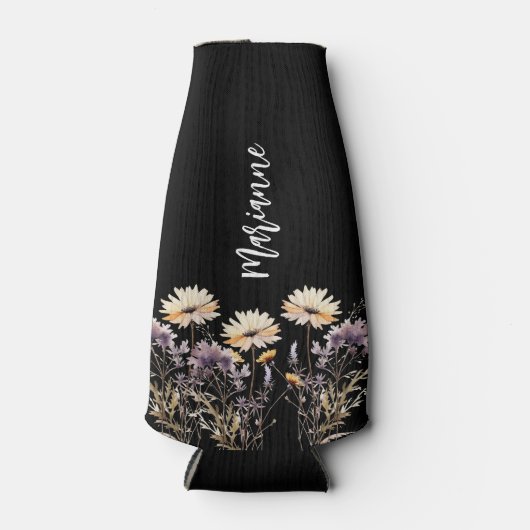 Wildflower zwart aangepaste naam script flesjeskoeler (Voorkant)