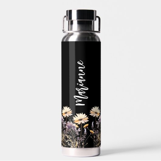 Wildflower zwart aangepaste naam script waterfles (Achterkant)