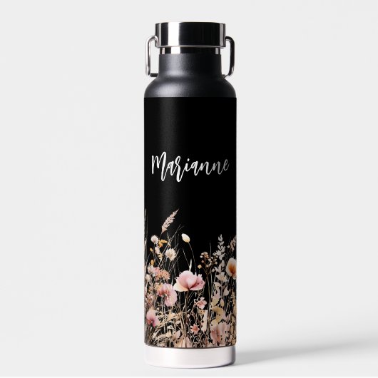 Wildflower zwart beige aangepaste naam script waterfles (Voorkant)