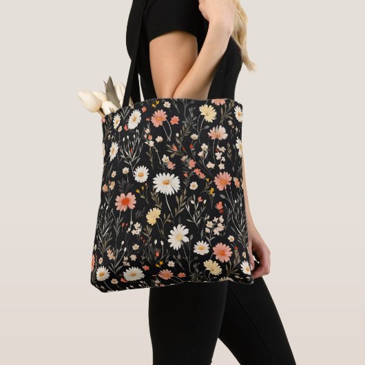 wildflower zwart bloemenpatroon tote bag (Dichtbij)